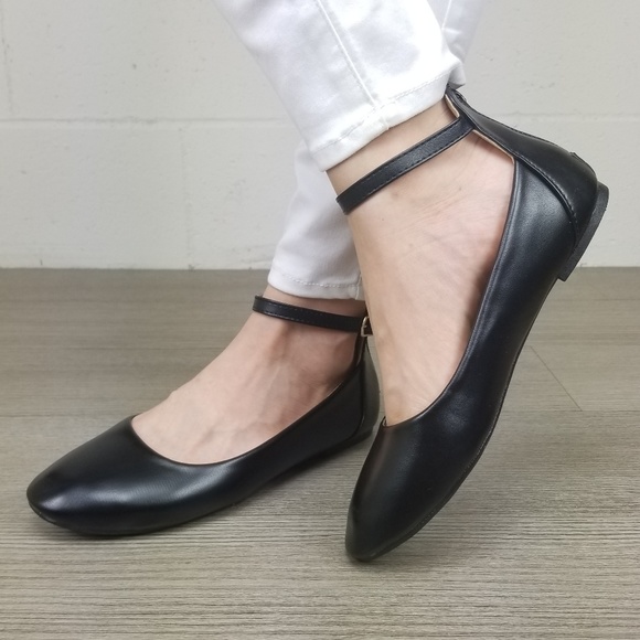 Round Toe Black Ankle Ballerina Flats - Picture 2 of 8